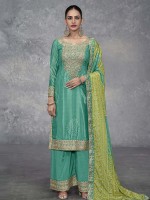 Aqua Green Real Chinon Digital Print Salwar Kameez